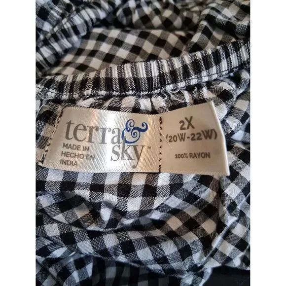 Women's Plus 2X 20W-22W Top Terra & Sky Pullover Black & White Check Cap Sleeves - Picture 2 of 7